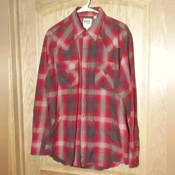 Ely Cattleman men's pearl snap red gray plaid long sleeve shirt size L - Picture 1 of 7